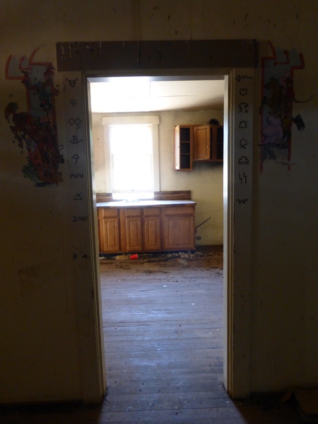 Looking into the kitchen, the floor was covered with mouse and snake feces